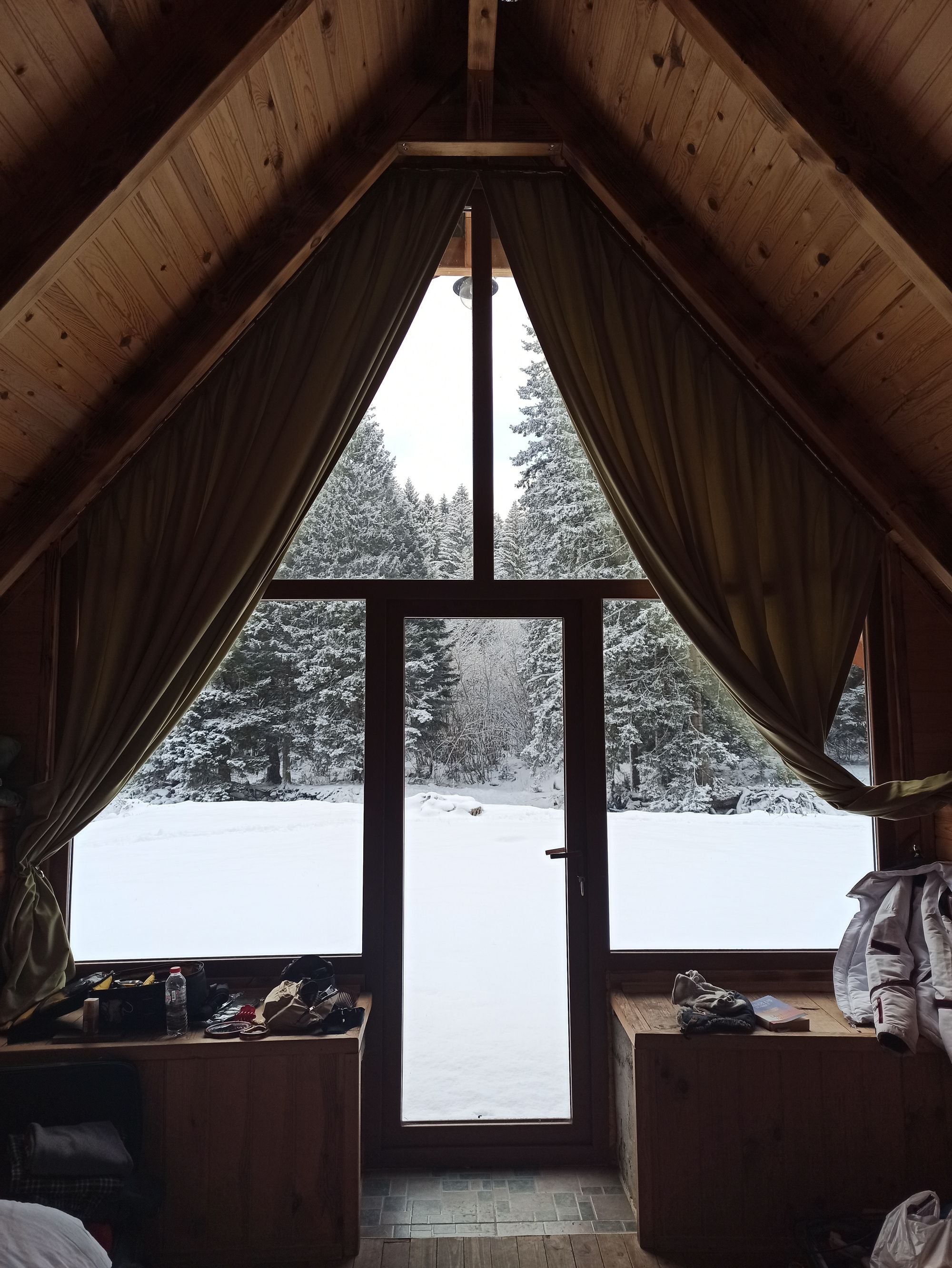 Quiet wooden ski lodge looking onto a snow-covered forest